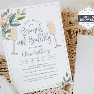 Brunch and Bubbly Bridal Shower Invite, Brunch & Bubbly Invitation, Bridal Shower Brunch Invitation, light blue and pink, Printable Corjl