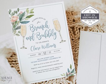 Brunch and Bubbly Bridal Shower Invite, Brunch & Bubbly Invitation, Bridal Shower Brunch Invitation, light blue and pink, Printable Corjl