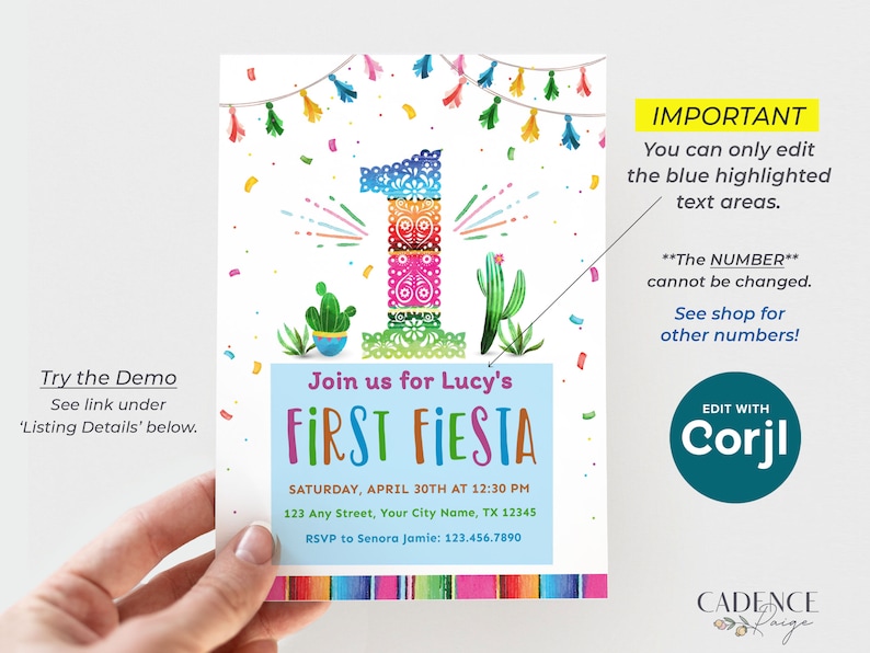 First Birthday Party Invitation for First Fiesta Invitation for 1st Birthday Fiesta Themed Birthday Invite to Send Digitally DIY Printable zdjęcie 5