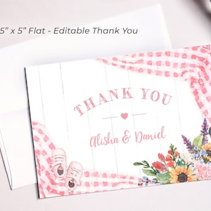 May include: A pink and white thank you card with a watercolour design of flowers and a gingham pattern. The text "THANK YOU" and "Alisha & Daniel" is printed on the card.