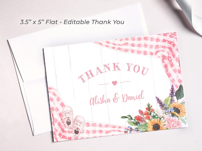 May include: A pink and white thank you card with a watercolour design of flowers and a gingham pattern. The text "THANK YOU" and "Alisha & Daniel" is printed on the card.