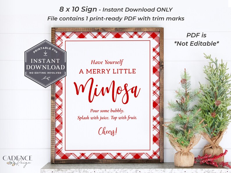 May include: Printable 8x10 inch sign with a red and white gingham pattern. The sign says "Have Yourself A Merry Little Mimosa. Pour some bubbly. Splash with juice. Top with fruit. Cheers!"