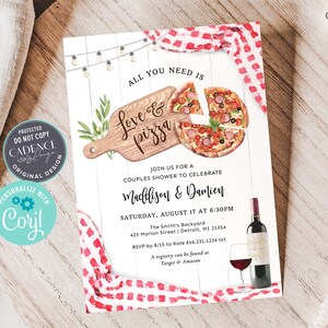 May include: A watercolor illustration of a pizza on a wooden cutting board with the text "Love & pizza" above it. The invitation is for a couples shower to celebrate Madelison & Damien. The event is on Saturday, August 17 at 6:30 PM at The Smith's Backyard, 425 Marion Street, Detroit, MI 21354. RSVP by 8/15 to Kate 616.231.1234 txt. A registry can be found at Target & Amazon.