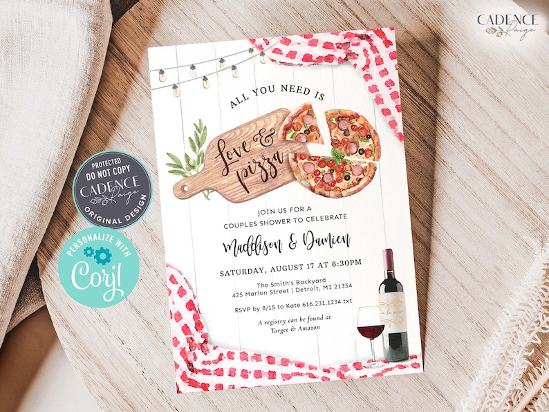 May include: A watercolor illustration of a pizza on a wooden cutting board with the text "Love & pizza" above it. The invitation is for a couples shower to celebrate Madelison & Damien. The event is on Saturday, August 17 at 6:30 PM at The Smith's Backyard, 425 Marion Street, Detroit, MI 21354. RSVP by 8/15 to Kate 616.231.1234 txt. A registry can be found at Target & Amazon.