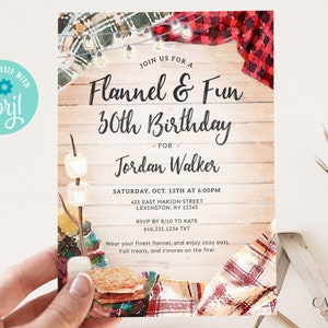 May include: A birthday party invitation with a flannel and campfire theme. The invitation is for Jordan Walker's 30th birthday and includes details about the date, time, location, and RSVP information. The invitation features a watercolor illustration of a plaid blanket, a campfire with marshmallows, and a s'more.