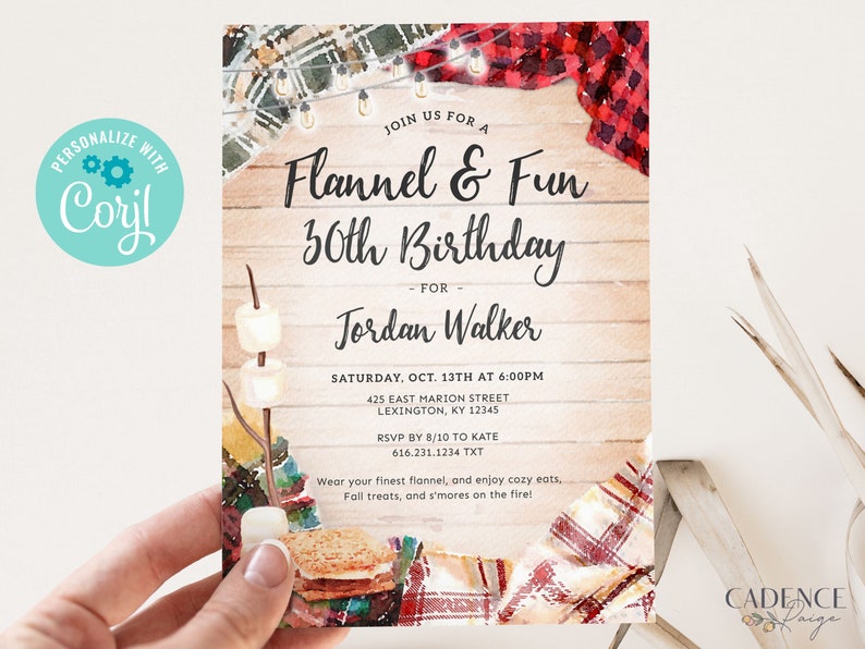 May include: A birthday party invitation with a flannel and campfire theme. The invitation is for Jordan Walker's 30th birthday and includes details about the date, time, location, and RSVP information. The invitation features a watercolor illustration of a plaid blanket, a campfire with marshmallows, and a s'more.