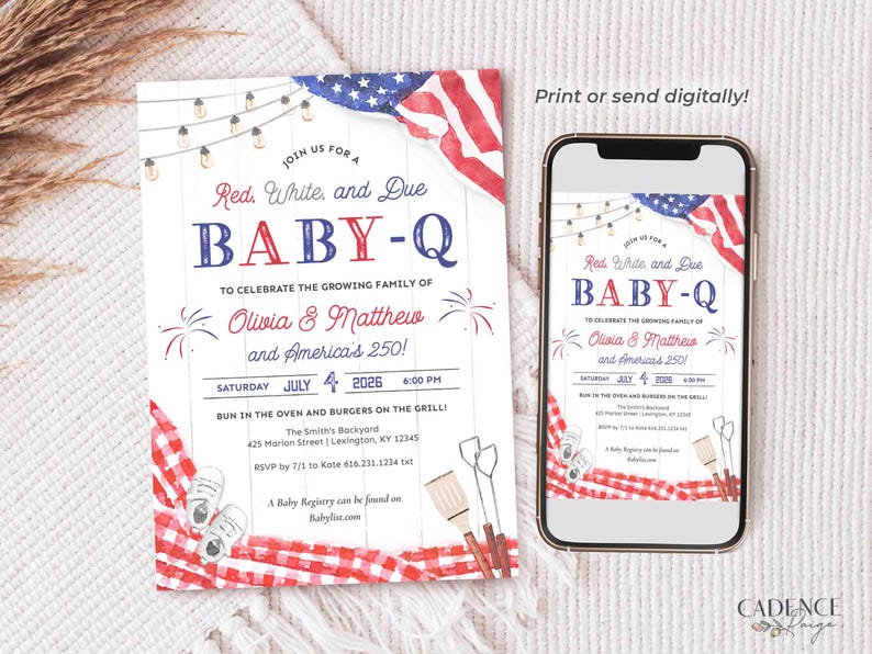May include: A baby shower invitation with a patriotic theme. The invitation features the text "Red, White, and Due BABY-Q" with the date, time, and location. The design includes an American flag, fireworks, and barbecue-themed illustrations.