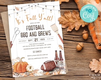 May include: A printable invitation for a football watch party with a fall theme. The invitation features a rustic wood background with string lights, a football, pumpkins, and a bottle of beer. The text reads "It's Fall Y'all!" and includes details about the event, including the date, time, location, and RSVP information.