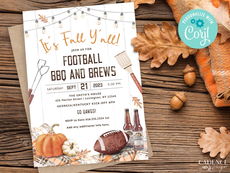 May include: A printable invitation for a football watch party with a fall theme. The invitation features a rustic wood background with string lights, a football, pumpkins, and a bottle of beer. The text reads "It's Fall Y'all!" and includes details about the event, including the date, time, location, and RSVP information.