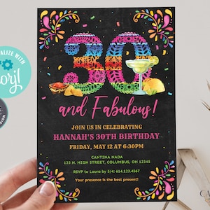 30th Birthday Invitation, 30th Fiesta Birthday Invite, Mexican themed 30th Birthday Invitation, 30 Years, 30 and fabulous, Printable Digital