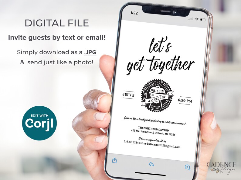 May include: A digital invitation on a smartphone screen for a backyard gathering. The invitation features the text "let's get together" with a black and white illustration of a grill and the text "Grillin' & Chillin'" in a circle. The date is 3rd July and the time is 6:30 PM. The invitation includes the address "THE SMITH'S BACKYARD 425 Marion Street | Detroit, MI 21354" and asks guests to RSVP to Kale at 616.231.1234 or katie.smith123@gmail.com.