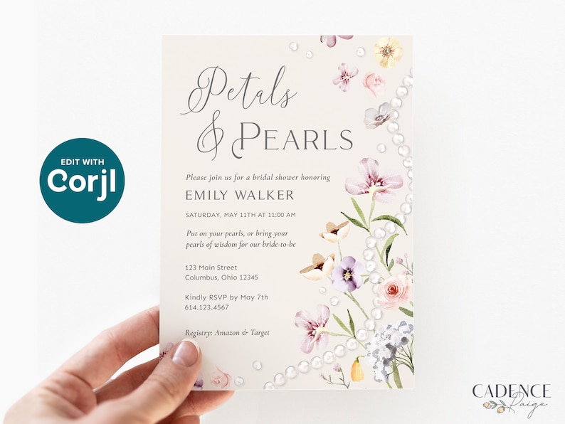 Petals and Pearls Bridal Shower Invitation, Petals Wedding Shower Brunch, Neutral Color Palette, Soft hues Wildflowers Printable Digital P14 image 9