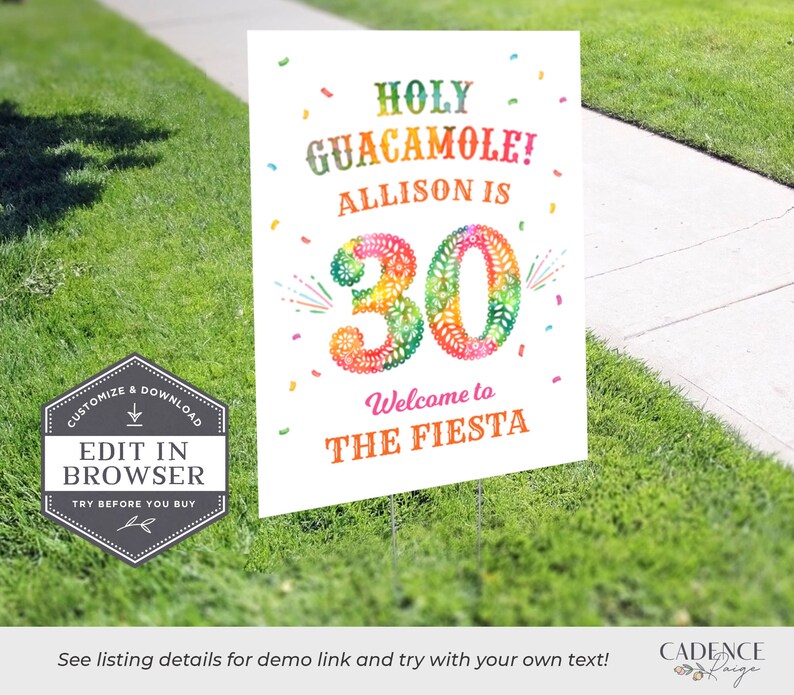 Pu&ograve; includere: Un cartello bianco stampabile con un design colorato che presenta il testo "Holy Guacamole! Allison ha 30 anni. Benvenuti alla festa".