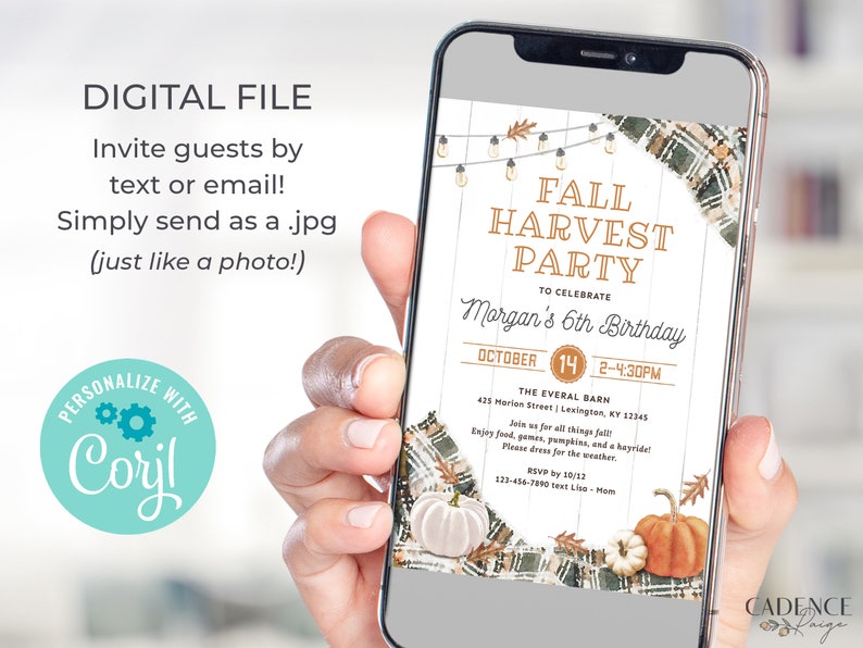 Puede incluir: Un tel&eacute;fono inteligente muestra una invitaci&oacute;n digital para una Fiesta de la Cosecha de Oto&ntilde;o. La invitaci&oacute;n presenta texto, calabazas y follaje oto&ntilde;al. El texto dice "Fall Harvest Party" y "Morgan's 6th Birthday". Es un archivo digital.