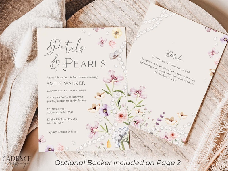 Petals and Pearls Bridal Shower Invitation, Petals Wedding Shower Brunch, Neutral Color Palette, Soft hues Wildflowers Printable Digital P14 image 1
