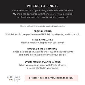 Może przedstawiać: Grafika z tekstem "WHERE TO PRINT?" i informacjami o korzystaniu z Prints of Love w celu drukowania. Grafika zawiera link polecający: printsoflove.com/ref/cadencepaige/.