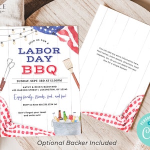 May include: A printable invitation for a Labour Day BBQ party. The invitation features a red, white and blue American flag, a wooden fence, and a bucket of ice with beer bottles. The text on the invitation reads "Join us for a Labour Day BBQ" and includes the date, time, and location of the party. The invitation also includes the text "Enjoy family, friends, food, and fun!" and "Don't forget your towel and swim suit!"