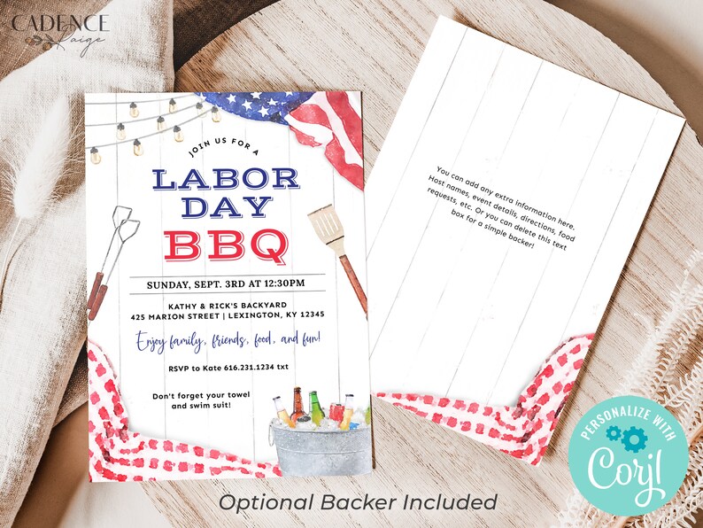 May include: A printable invitation for a Labour Day BBQ party. The invitation features a red, white and blue American flag, a wooden fence, and a bucket of ice with beer bottles. The text on the invitation reads "Join us for a Labour Day BBQ" and includes the date, time, and location of the party. The invitation also includes the text "Enjoy family, friends, food, and fun!" and "Don't forget your towel and swim suit!"