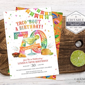 70th Birthday Party Invitation, 70th Surprise Party Invitation, Taco Themed Party Invite, 70th Fiesta Invite, DIY, Corjl, Printable, A24