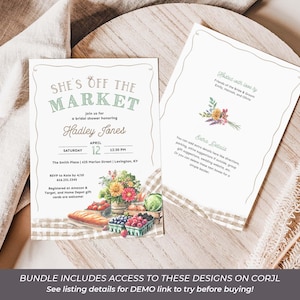 Celebrate the bride with a farmers market bridal shower letting everyone know She's Off the Market! The designs in this bundle feature watercolor illustrations of market items like fresh cut flowers, ripe vegetables, mixed berries, and neutral colored gingham; setting the stage for a charming celebration. This set includes the invitation, table signs for advice, favors, etc., games, recipe cards, fruit & veggie garland decor, cupcake toppers, stickers, favor tags, thank yous, and welcome signs.