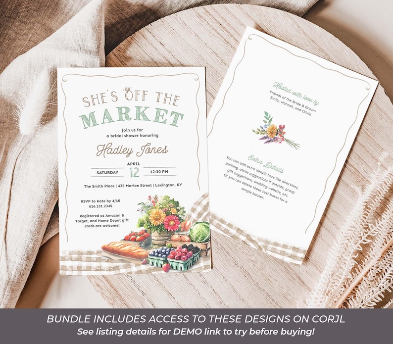 Celebrate the bride with a farmers market bridal shower letting everyone know She's Off the Market! The designs in this bundle feature watercolor illustrations of market items like fresh cut flowers, ripe vegetables, mixed berries, and neutral colored gingham; setting the stage for a charming celebration. This set includes the invitation, table signs for advice, favors, etc., games, recipe cards, fruit & veggie garland decor, cupcake toppers, stickers, favor tags, thank yous, and welcome signs.