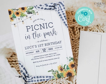 Birthday Picnic Invitation, Picnic in the Park Invitation, 1st, 2nd, 3rd Birthday Picnic Invitation, Navy with Sunflowers, Printable, DIY