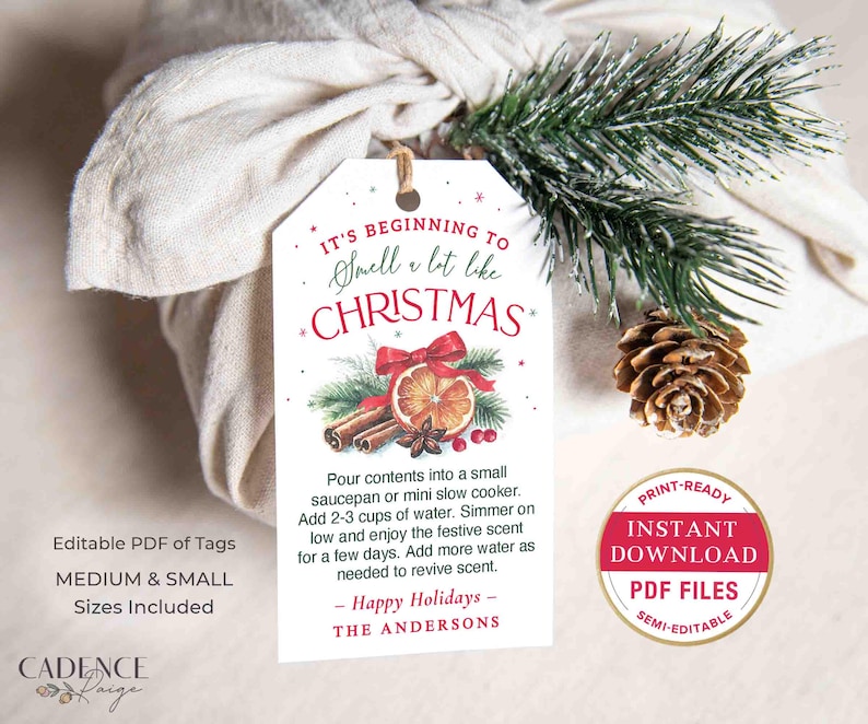Puede incluir: Una etiqueta de regalo blanca con el texto "It's beginning to smell a lot like Christmas" en rojo y verde. La etiqueta presenta un dise&ntilde;o festivo con un lazo, una rodaja de naranja, palitos de canela y ramitas de pino.