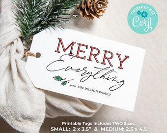 Printable Merry Everything Gift Tags, Personalized Holiday Gift Tags, Minimal Gift Tags, Editable, Customizable, DIY, Print Your Own Corjl