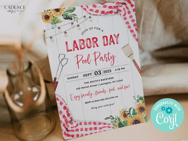 May include: A Labor Day pool party invitation with a red and white gingham pattern, sunflowers, and string lights. The text reads "Join us for a Labor Day Pool Party" with the date and time of the party. The invitation also includes the address and RSVP information.