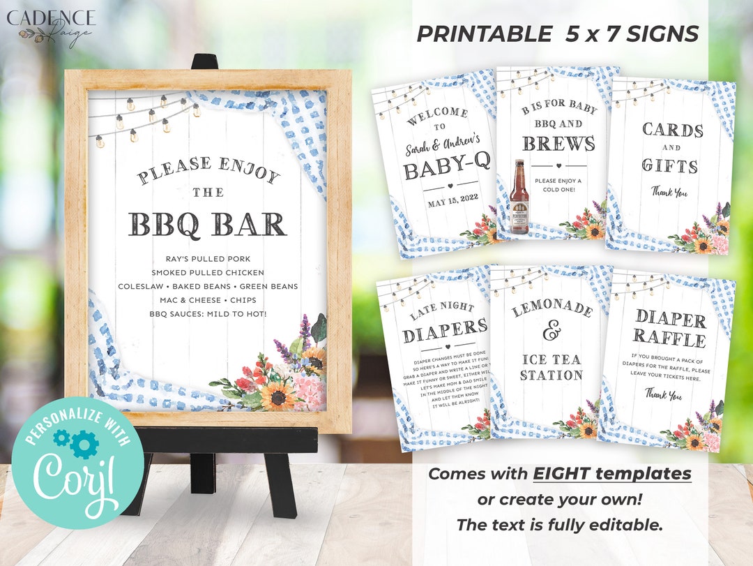 Light Blue BABYQ Shower Signs 5 X 7, Baby Blue BBQ Food Signs, Babyq