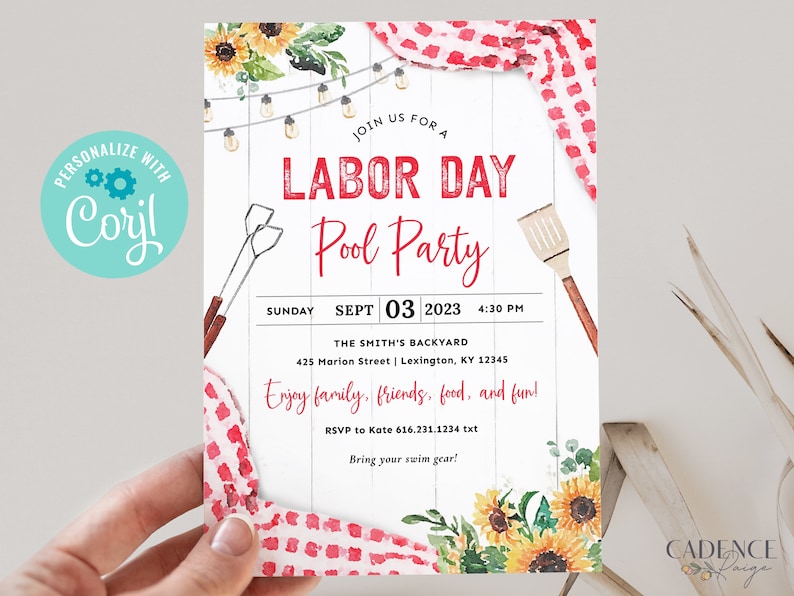May include: A white invitation with red and white checkered pattern and sunflowers. The text reads "Join us for a Labor Day Pool Party" with the date and time "Sunday Sept 03 2023 4:30 PM". The location is "The Smith's Backyard 425 Marion Street | Lexington, KY 12345". The invitation also includes the text "Enjoy family, friends, food, and fun!" and "RSVP to Kate 616.231.1234 txt".