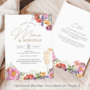 Puede incluir: Una invitaci&oacute;n a un brunch del D&iacute;a de la Madre con tem&aacute;tica floral. La invitaci&oacute;n presenta un dise&ntilde;o floral de acuarela con flores rosas, moradas y amarillas. El texto dice "Por favor, &uacute;nase a nosotros para Mam&aacute;s y Mimosas" con la fecha y la hora del evento. La invitaci&oacute;n tambi&eacute;n incluye la direcci&oacute;n y la informaci&oacute;n de RSVP.