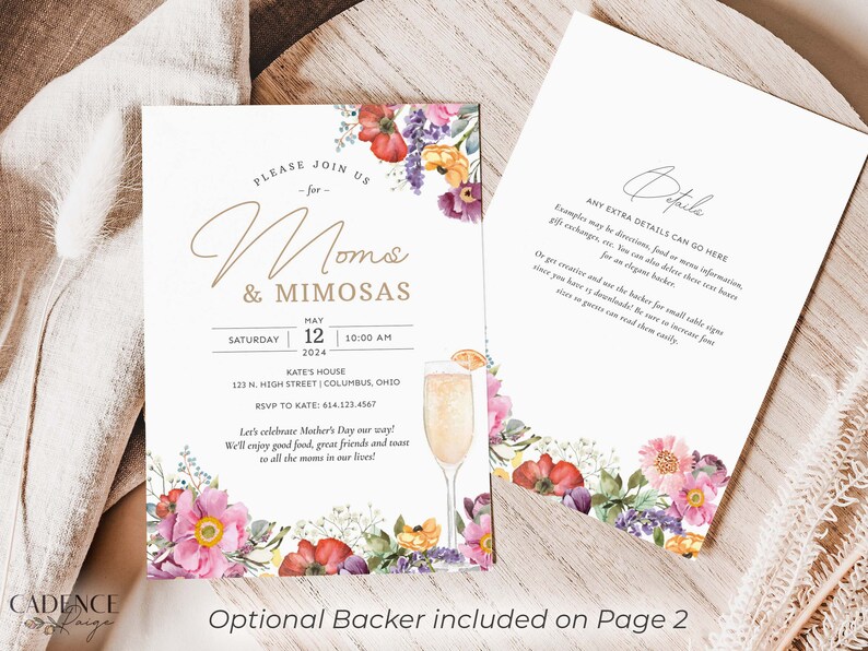 Puede incluir: Una invitaci&oacute;n a un brunch del D&iacute;a de la Madre con tem&aacute;tica floral. La invitaci&oacute;n presenta un dise&ntilde;o floral de acuarela con flores rosas, moradas y amarillas. El texto dice "Por favor, &uacute;nase a nosotros para Mam&aacute;s y Mimosas" con la fecha y la hora del evento. La invitaci&oacute;n tambi&eacute;n incluye la direcci&oacute;n y la informaci&oacute;n de RSVP.