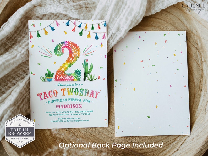 Convite de aniversário de dois anos para tacos, convite de 2º aniversário, terça-feira de tacos, dois anos para tacos, DOIS, 2º aniversário, convite faça você mesmo, para impressão, Corjl, A24 imagem 6