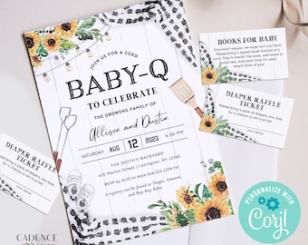 Baby Q Shower Invitation, Gender Neutral Baby-Q Invitation, Couples Baby Shower, Coed, Black and White with Sunflowers, Printable DIY BQBS