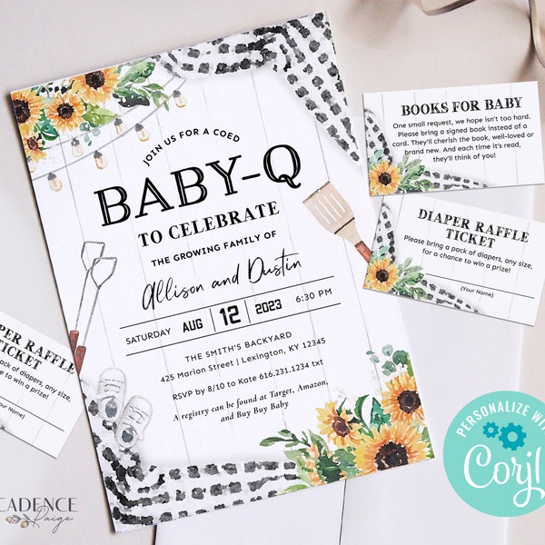 Baby Q Shower Invitation, Gender Neutral Baby-Q Invitation, Couples Baby Shower, Coed, Black and White with Sunflowers, Printable DIY BQBS