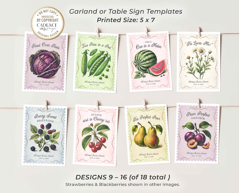 Fresh Off the Market Bridal Shower Banner featuring 18 unique 5x7 hanging signs, each adorned with vibrant fruit and vegetable illustrations and clever love-themed puns. Perfect for adding a fresh, rustic feel to your bridal shower, bachelorette party, or engagement celebration! Hang them all together as a statement piece or scatter them around the venue for a playful touch. Whether displayed indoors or outdoors, this bunting brings a pop of color and a dash of wit to your special day!