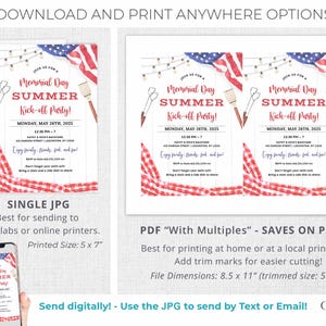 A Memorial Day Party invitation that can be printed or texted to guests. The design has a red, white, and blue American flag in the background along with red checkered picnic gingham. The text on the invitation reads: 'Join us for a Memorial Day Summer Kick-off Party! with Date, Time, and Location. Enjoy family, friends, food, and fun! RSVP info. Don't forget your swim suit! Bring a chair and a side dish to share!' The invitation can be personalized in Corjl.