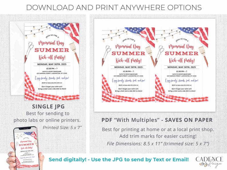 A Memorial Day Party invitation that can be printed or texted to guests. The design has a red, white, and blue American flag in the background along with red checkered picnic gingham. The text on the invitation reads: 'Join us for a Memorial Day Summer Kick-off Party! with Date, Time, and Location. Enjoy family, friends, food, and fun! RSVP info. Don't forget your swim suit! Bring a chair and a side dish to share!' The invitation can be personalized in Corjl.
