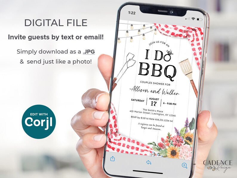 May include: A smartphone displays a digital BBQ couples shower invitation. The invitation features the text "I Do BBQ" with floral and barbecue-themed illustrations. The invitation includes event details and the option to edit with Corjl.