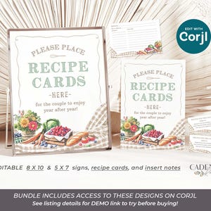 Celebrate the bride with a farmers market bridal shower letting everyone know She's Off the Market! The designs in this bundle feature watercolor illustrations of market items like fresh cut flowers, ripe vegetables, mixed berries, and neutral colored gingham; setting the stage for a charming celebration. This set includes the invitation, table signs for advice, favors, food, etc., recipe cards, fruit and veggie garland decor, cupcake toppers, stickers, favor tags, thank yous, and welcome signs.