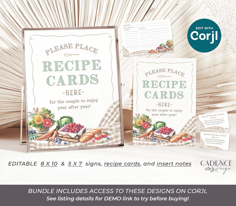 Celebrate the bride with a farmers market bridal shower letting everyone know She's Off the Market! The designs in this bundle feature watercolor illustrations of market items like fresh cut flowers, ripe vegetables, mixed berries, and neutral colored gingham; setting the stage for a charming celebration. This set includes the invitation, table signs for advice, favors, food, etc., recipe cards, fruit and veggie garland decor, cupcake toppers, stickers, favor tags, thank yous, and welcome signs.