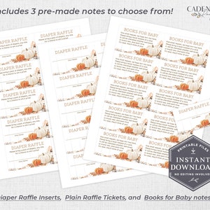 May include: A collection of printable baby shower inserts and tickets. The designs include diaper raffle cards and book request notes, featuring pumpkins and fall leaves. The text includes "Diaper Raffle" and "Books for Baby". The design is a printable instant download.