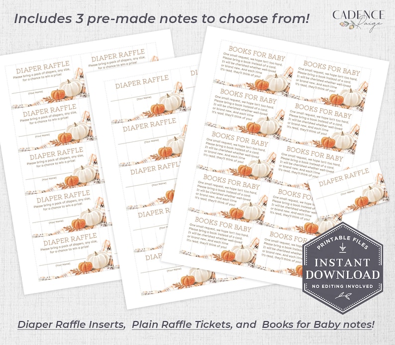 May include: A collection of printable baby shower inserts and tickets. The designs include diaper raffle cards and book request notes, featuring pumpkins and fall leaves. The text includes "Diaper Raffle" and "Books for Baby". The design is a printable instant download.