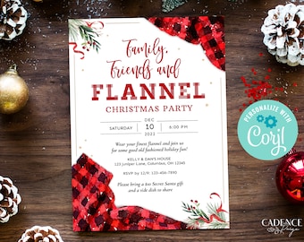 May include: A red and white plaid Christmas party invitation with a gold border. The invitation reads "Family, Friends and Flannel Christmas Party" with the date and time of the party. The invitation also includes a request to bring a $10 Secret Santa gift and a side dish to share.