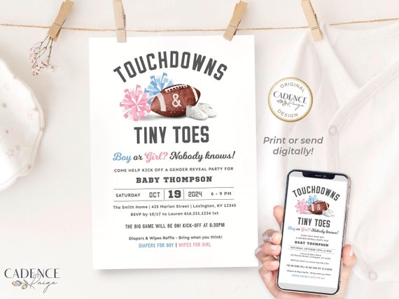 Football Gender Reveal Invitation Touchdown and Tiny Toes Invitation Gender Reveal Party Football Tailgate and Celebrate, Digital Printable