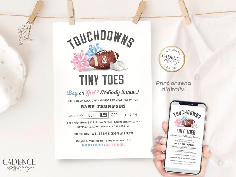 Touchdowns and Tiny Toes gender reveal party invitation with a football illustration centered with pink and blue pompoms, and tiny white baby shoes. The words "Touchdowns and Tiny Toes" are bold with "Boy or Girl? Nobody knows!" below, and event info