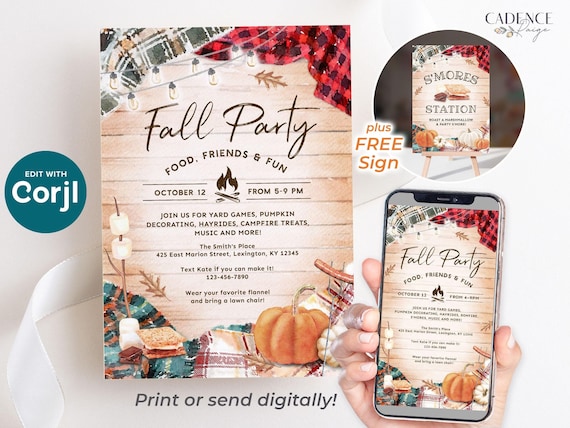 Fall Harvest Party Invitation: Bonfire, Picnic, Community Event (DIY Printable)