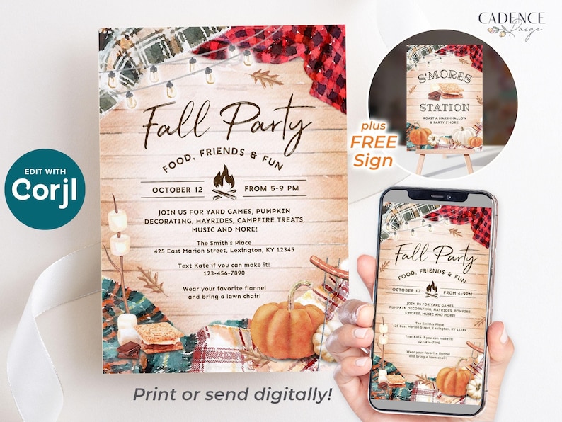 Fall Harvest Party invitation that features a rustic wood background with different colors of cozy flannels draped in each corner, along with twinkling string lights, pumpkins, and s'mores. The invite says "Fall Party" in bold script in the center.