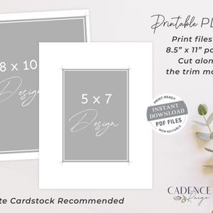 K&ouml;nnte beinhalten: Zwei druckbare PDF-Designs f&uuml;r 20,3 x 25,4 cm und 12,7 x 17,8 cm Drucke. Die Designs sind grau mit wei&szlig;em Text, der "Design" und die Abmessungen des Drucks sagt. Der Text "Druckbare PDFs" befindet sich oben im Bild. Der Text "Druckdateien auf 21,6 x 27,9 cm Papier drucken. Entlang der Schnittmarken schneiden." befindet sich unter den Designs. Der Text "Matte Pappe empfohlen" befindet sich unten im Bild. Der Text "CADENCE Design" befindet sich unten rechts im Bild.